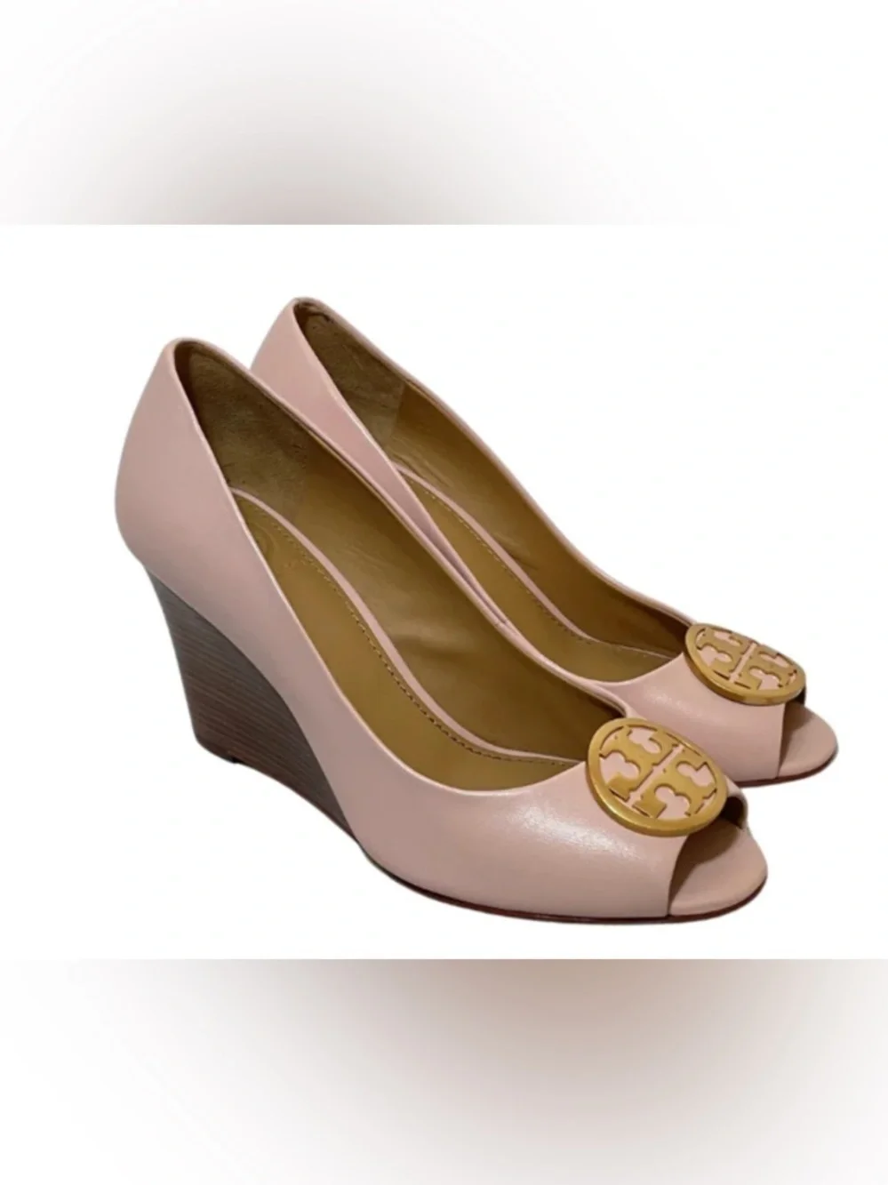 Tory Burch Benton Wedge Sandals Seashell Pink Peep Toe Gold Medallion Women 8.5